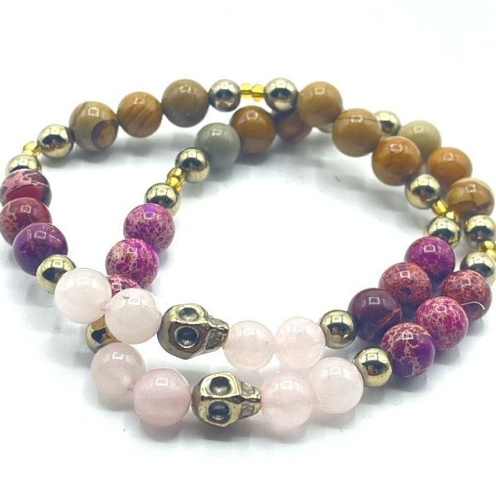 Skull pyrite rose quartz imperial wood grain stone crystal stretch beaded bracel